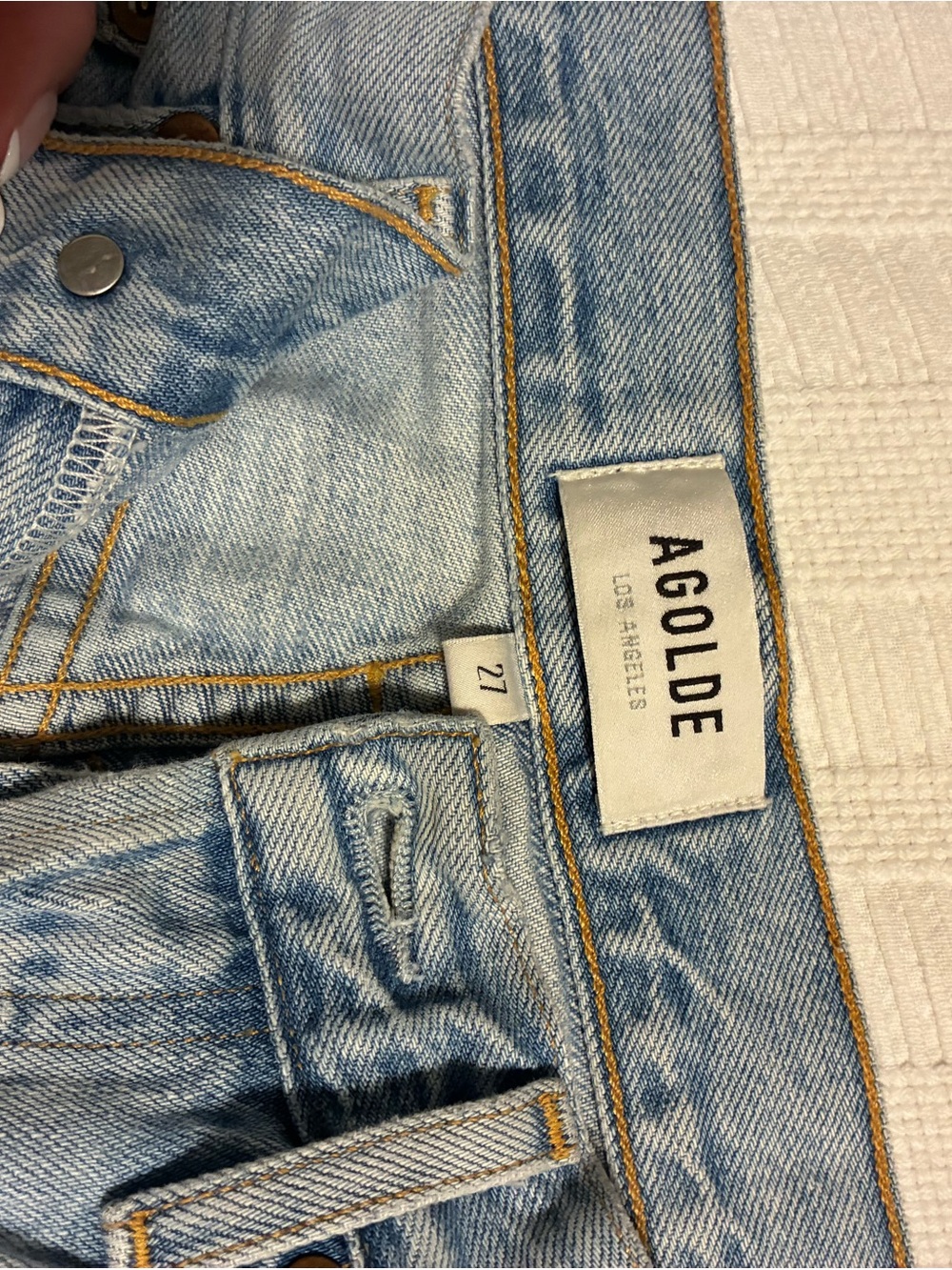 Agolde Riley high rise Light Wash Blue Denim Jeans with Contrast Stitching